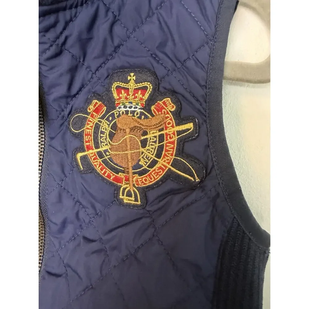 Ralph Lauren Kids Girls Quilted Navy Crest Vest Jacket Zip Pockets Sz 7 Logo